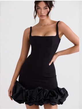 House of CB Lilou Mini Dress XL Dramatic Ruffle Hem Black Crepe LBD Formal